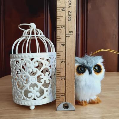 LOT 23: Bird Cage Votive Candle Holders, Lamp with Bird Cage Shade, Vintage Wildlife Books, and Set of Furry Owls