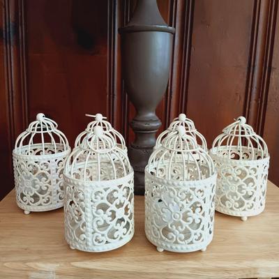 LOT 23: Bird Cage Votive Candle Holders, Lamp with Bird Cage Shade, Vintage Wildlife Books, and Set of Furry Owls
