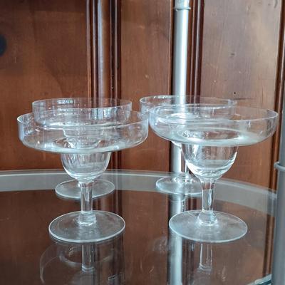 LOT 25: Metal and Glass Serving Cart with Glasses, Shaker, Tablecloths, Corkcicle Wine Pourer, Whimsical Straws and More