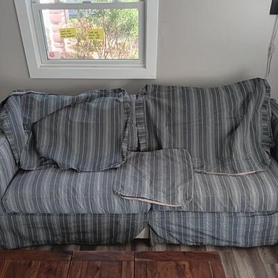 LOT 26: Comfy Crate & Barrel Love Seat/Sofa/Ottoman Set with Crate & Barrel Washable Slip Covers along with Spare Covers for the...