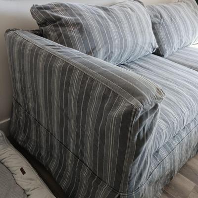 LOT 26: Comfy Crate & Barrel Love Seat/Sofa/Ottoman Set with Crate & Barrel Washable Slip Covers along with Spare Covers for the...