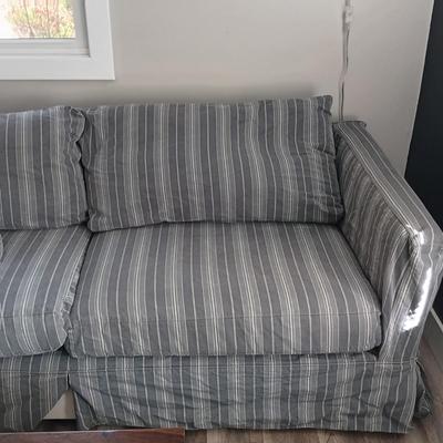 LOT 26: Comfy Crate & Barrel Love Seat/Sofa/Ottoman Set with Crate & Barrel Washable Slip Covers along with Spare Covers for the...