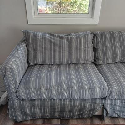 LOT 26: Comfy Crate & Barrel Love Seat/Sofa/Ottoman Set with Crate & Barrel Washable Slip Covers along with Spare Covers for the...