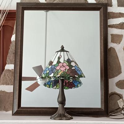 LOT 31: Stained Glass Tiffany-Style Table Lamp and Framed Mirror