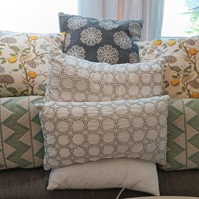 LOT 32: Large Assortment of Various Sized Throw Pillows and Down Alternative Filled Pillows with Stylish Pillow Cases