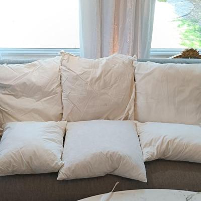 LOT 32: Large Assortment of Various Sized Throw Pillows and Down Alternative Filled Pillows with Stylish Pillow Cases