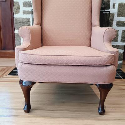 LOT 35: Set of (2) Fairfield Wing Backed Armchairs with Cherry Legs and Mauve Colored Upholstery