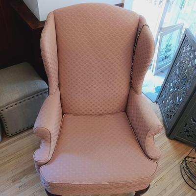 LOT 35: Set of (2) Fairfield Wing Backed Armchairs with Cherry Legs and Mauve Colored Upholstery