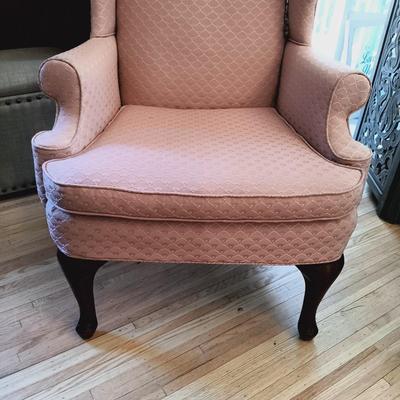 LOT 35: Set of (2) Fairfield Wing Backed Armchairs with Cherry Legs and Mauve Colored Upholstery