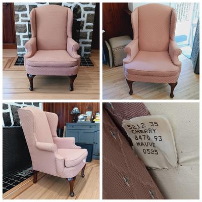 LOT 35: Set of (2) Fairfield Wing Backed Armchairs with Cherry Legs and Mauve Colored Upholstery