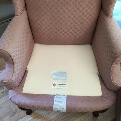 LOT 35: Set of (2) Fairfield Wing Backed Armchairs with Cherry Legs and Mauve Colored Upholstery