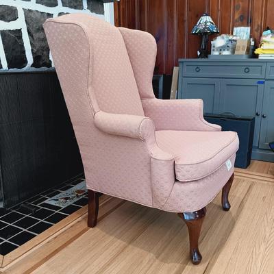 LOT 35: Set of (2) Fairfield Wing Backed Armchairs with Cherry Legs and Mauve Colored Upholstery