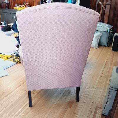 LOT 35: Set of (2) Fairfield Wing Backed Armchairs with Cherry Legs and Mauve Colored Upholstery