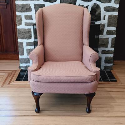 LOT 35: Set of (2) Fairfield Wing Backed Armchairs with Cherry Legs and Mauve Colored Upholstery