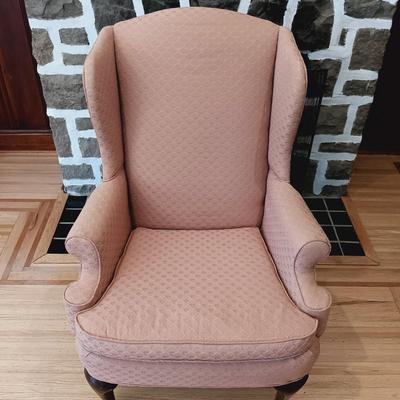 LOT 35: Set of (2) Fairfield Wing Backed Armchairs with Cherry Legs and Mauve Colored Upholstery
