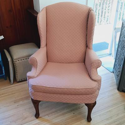 LOT 35: Set of (2) Fairfield Wing Backed Armchairs with Cherry Legs and Mauve Colored Upholstery