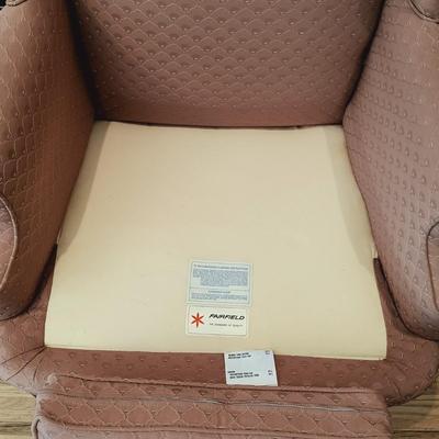 LOT 35: Set of (2) Fairfield Wing Backed Armchairs with Cherry Legs and Mauve Colored Upholstery