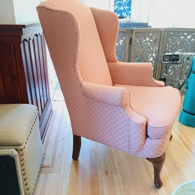LOT 35: Set of (2) Fairfield Wing Backed Armchairs with Cherry Legs and Mauve Colored Upholstery