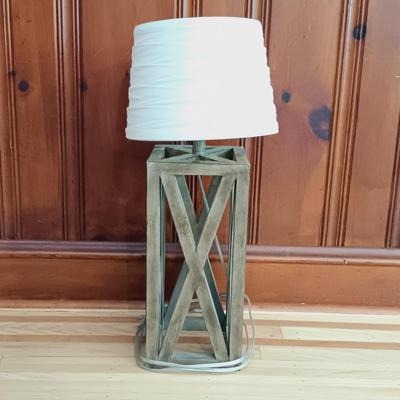 LOT 37: Collection of Rustic Home Decor Featuring Ceramic Planter with Wood Legs, Wooden Crate Lamp and More