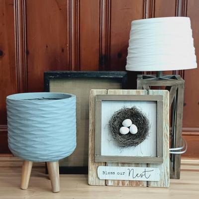 LOT 37: Collection of Rustic Home Decor Featuring Ceramic Planter with Wood Legs, Wooden Crate Lamp and More