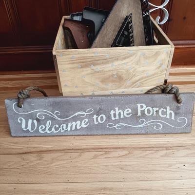 LOT 38: Bin Full of Porch Decor and More Featuring Stainless Steel Umbrella Holder and Umbrellas, Metal Letters that Spell PLAY, Wooden...