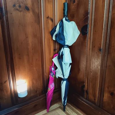 LOT 38: Bin Full of Porch Decor and More Featuring Stainless Steel Umbrella Holder and Umbrellas, Metal Letters that Spell PLAY, Wooden...