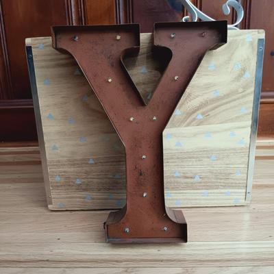 LOT 38: Bin Full of Porch Decor and More Featuring Stainless Steel Umbrella Holder and Umbrellas, Metal Letters that Spell PLAY, Wooden...