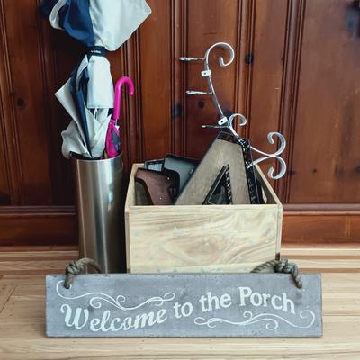 LOT 38: Bin Full of Porch Decor and More Featuring Stainless Steel Umbrella Holder and Umbrellas, Metal Letters that Spell PLAY, Wooden...