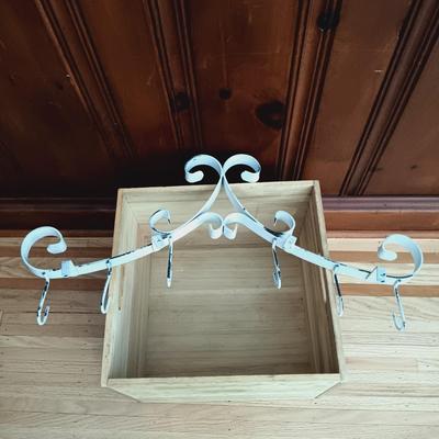 LOT 38: Bin Full of Porch Decor and More Featuring Stainless Steel Umbrella Holder and Umbrellas, Metal Letters that Spell PLAY, Wooden...