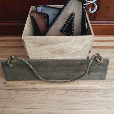 LOT 38: Bin Full of Porch Decor and More Featuring Stainless Steel Umbrella Holder and Umbrellas, Metal Letters that Spell PLAY, Wooden...
