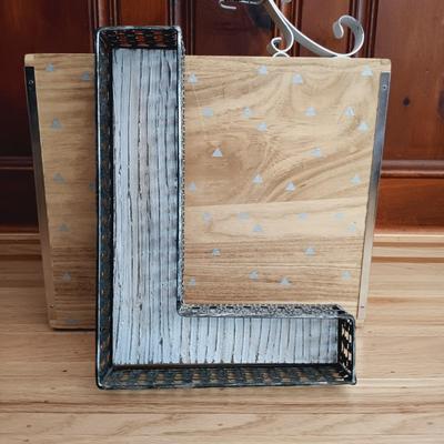 LOT 38: Bin Full of Porch Decor and More Featuring Stainless Steel Umbrella Holder and Umbrellas, Metal Letters that Spell PLAY, Wooden...