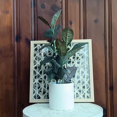 LOT 39: Small Accent Table/ Plant Stand with Faux Potted Plant and Wall Art