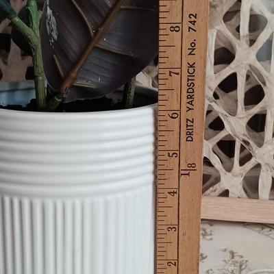 LOT 39: Small Accent Table/ Plant Stand with Faux Potted Plant and Wall Art