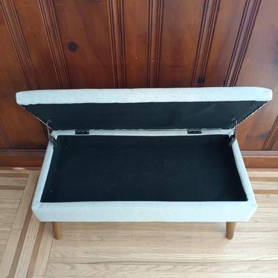 LOT 44: Contemporary Upholstered Bench with Crate & Barrel Rati Vase, Books and More
