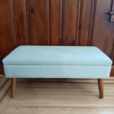 LOT 44: Contemporary Upholstered Bench with Crate & Barrel Rati Vase, Books and More