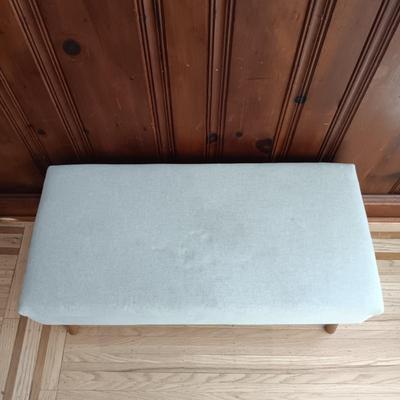 LOT 44: Contemporary Upholstered Bench with Crate & Barrel Rati Vase, Books and More