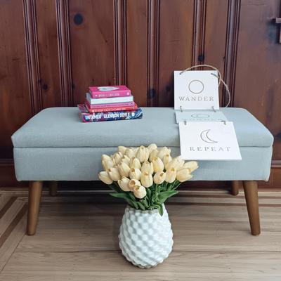 LOT 44: Contemporary Upholstered Bench with Crate & Barrel Rati Vase, Books and More