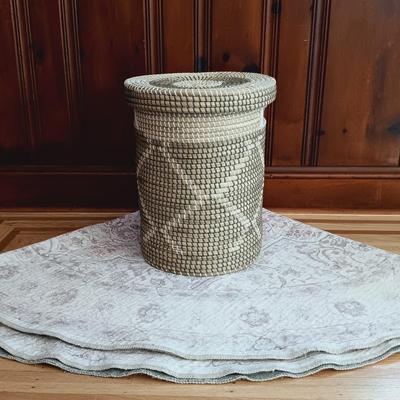 LOT 45: Grass Storage/Laundry Basket with Lid, Machine Washable Area Rug, Pottery Barn Queen Duvet & Euro Shams