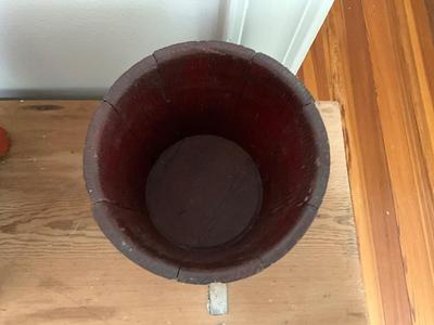 D797 Antique Small Red Paint Firkin Bucket with Childs Stool