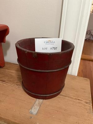 D797 Antique Small Red Paint Firkin Bucket with Childs Stool