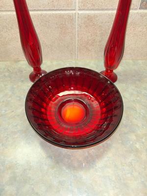 CRANBERRY COLORED FOSTORIA BUD VASES AND BOWL