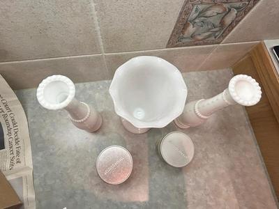 VTG 10” WHITE MILK GLASS HOBNAIL RUFFLED VASE, YANKEE CANDLES, & 2) CLIMBING RIDGE PATTERN WHITE MILK GLASS BUD BASES