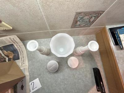 VTG 10” WHITE MILK GLASS HOBNAIL RUFFLED VASE, YANKEE CANDLES, & 2) CLIMBING RIDGE PATTERN WHITE MILK GLASS BUD BASES