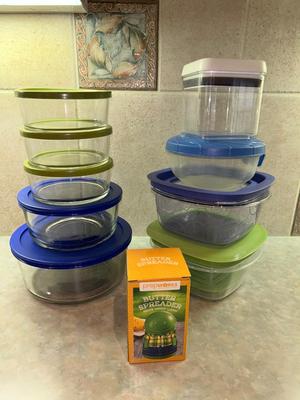 BUTTER SPREADER, GLASS BOWLS WITH LIDS AND RUBBERMAID BOWLS