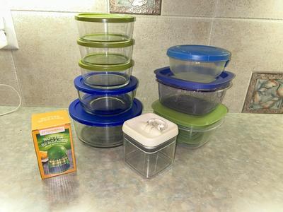 BUTTER SPREADER, GLASS BOWLS WITH LIDS AND RUBBERMAID BOWLS