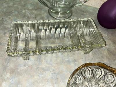 VTG CARNIVAL GLASS, CANDY DISH, BUD VASE GRAVY BOAT AND MORE!