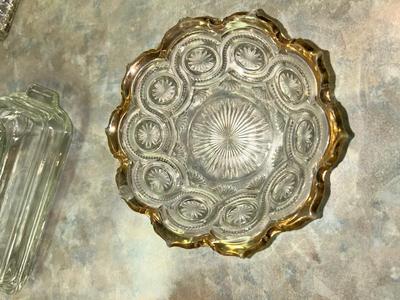 VTG CARNIVAL GLASS, CANDY DISH, BUD VASE GRAVY BOAT AND MORE!