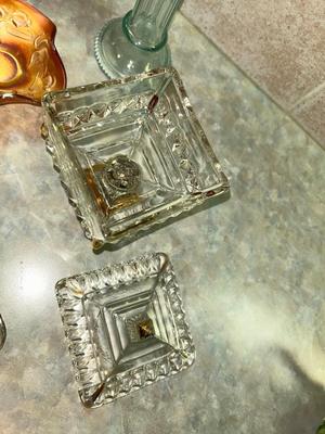 VTG CARNIVAL GLASS, CANDY DISH, BUD VASE GRAVY BOAT AND MORE!