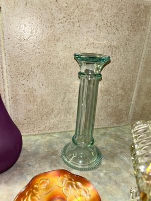 VTG CARNIVAL GLASS, CANDY DISH, BUD VASE GRAVY BOAT AND MORE!