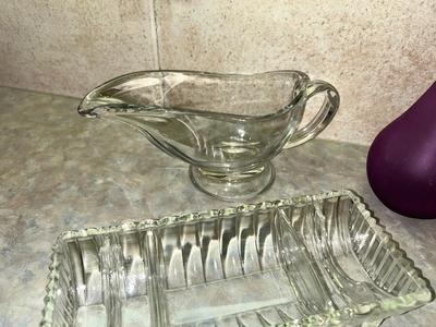VTG CARNIVAL GLASS, CANDY DISH, BUD VASE GRAVY BOAT AND MORE!